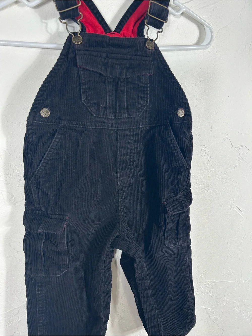 VTG OshKosh B'gosh Black Corduroy Overalls Red Lined Cargo Pockets 24M